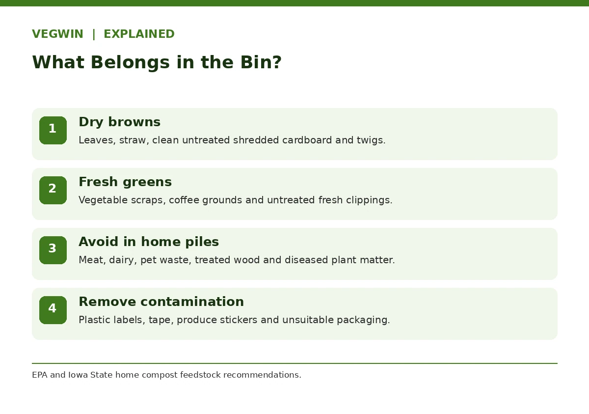 Backyard compost materials guide showing brown and green materials plus unsafe exclusions