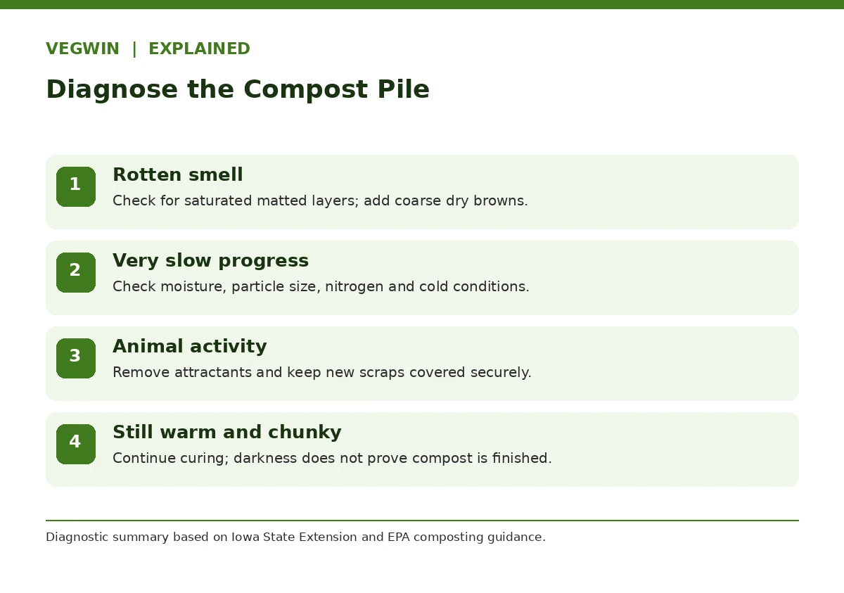 Compost pile troubleshooting decision map for bad odors, slow decomposition, pests and unfinished compost