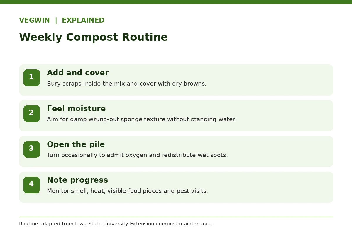 Weekly compost maintenance diagram showing cover, moisture, mixing and maturity checks