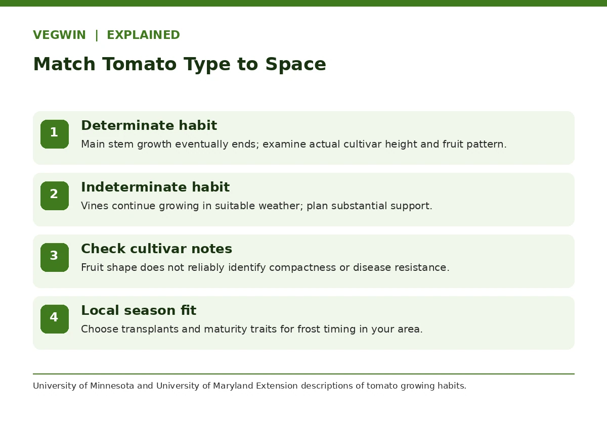 Tomato choice chart distinguishing determinate and indeterminate plants, disease history and season fit