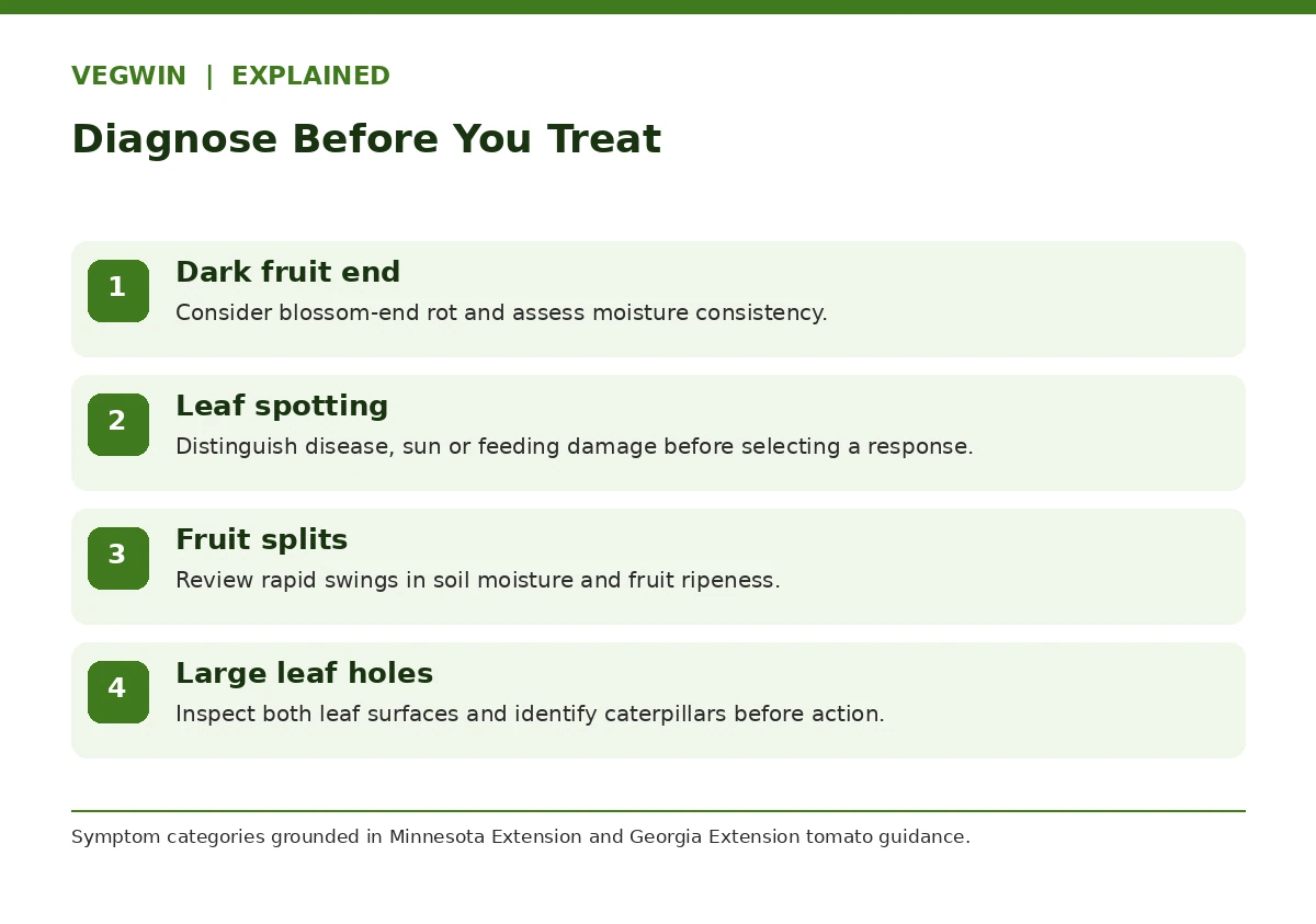 Tomato symptom guide separating blossom-end rot, leaf spotting, fruit cracks, and chewing damage