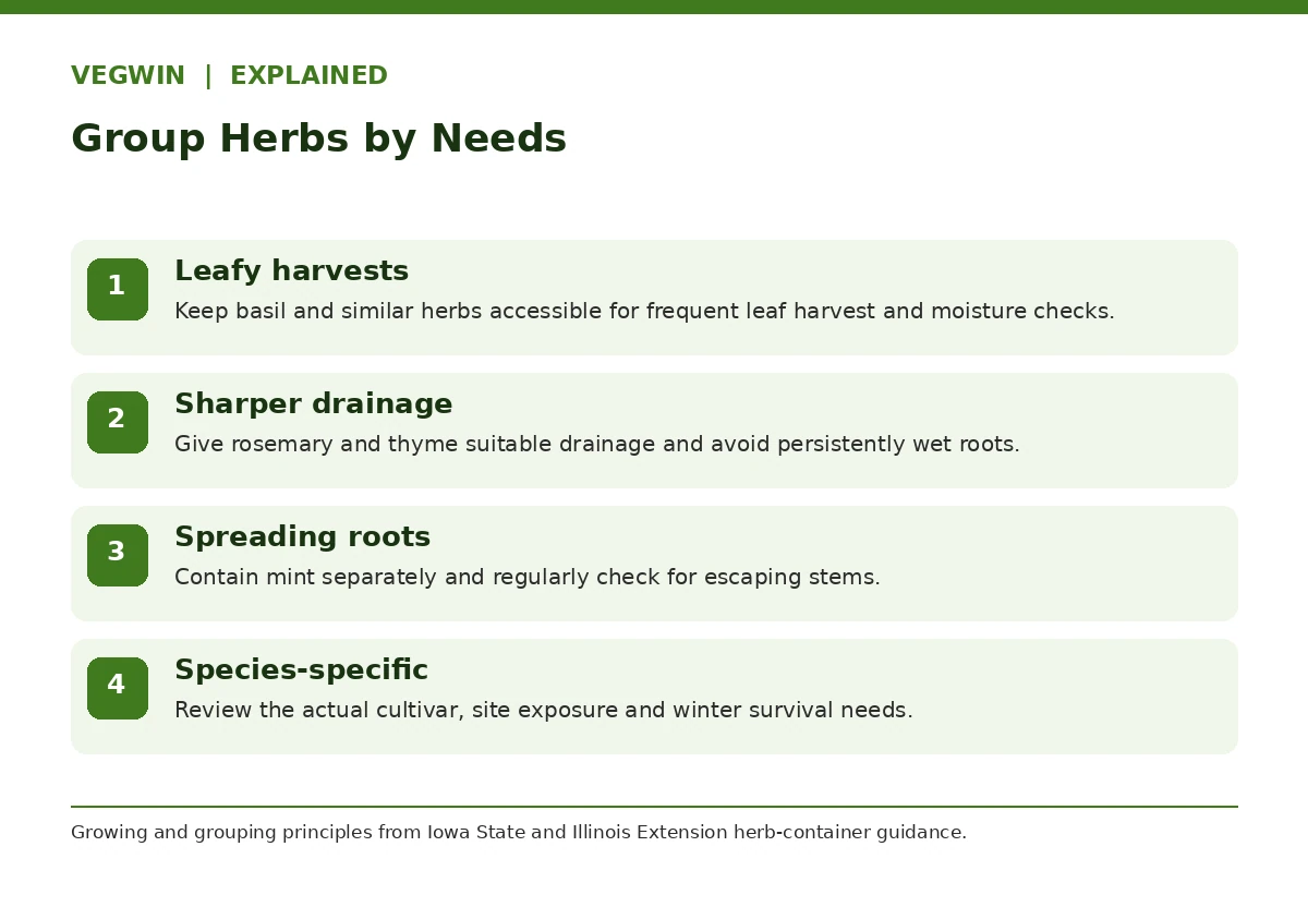 Herb garden grouping chart for leafy culinary herbs, dry-soil herbs, mint containment and season fit