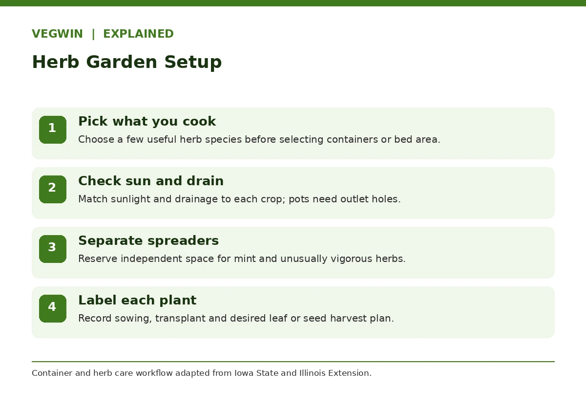 Four-step edible herb garden planning process from species choice to site, containment and labels