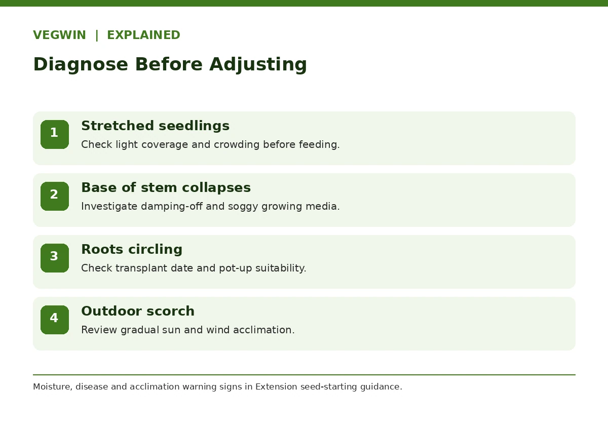 Indoor seedling diagnosis matrix identifying weak light, damping off, root crowding and sunscald