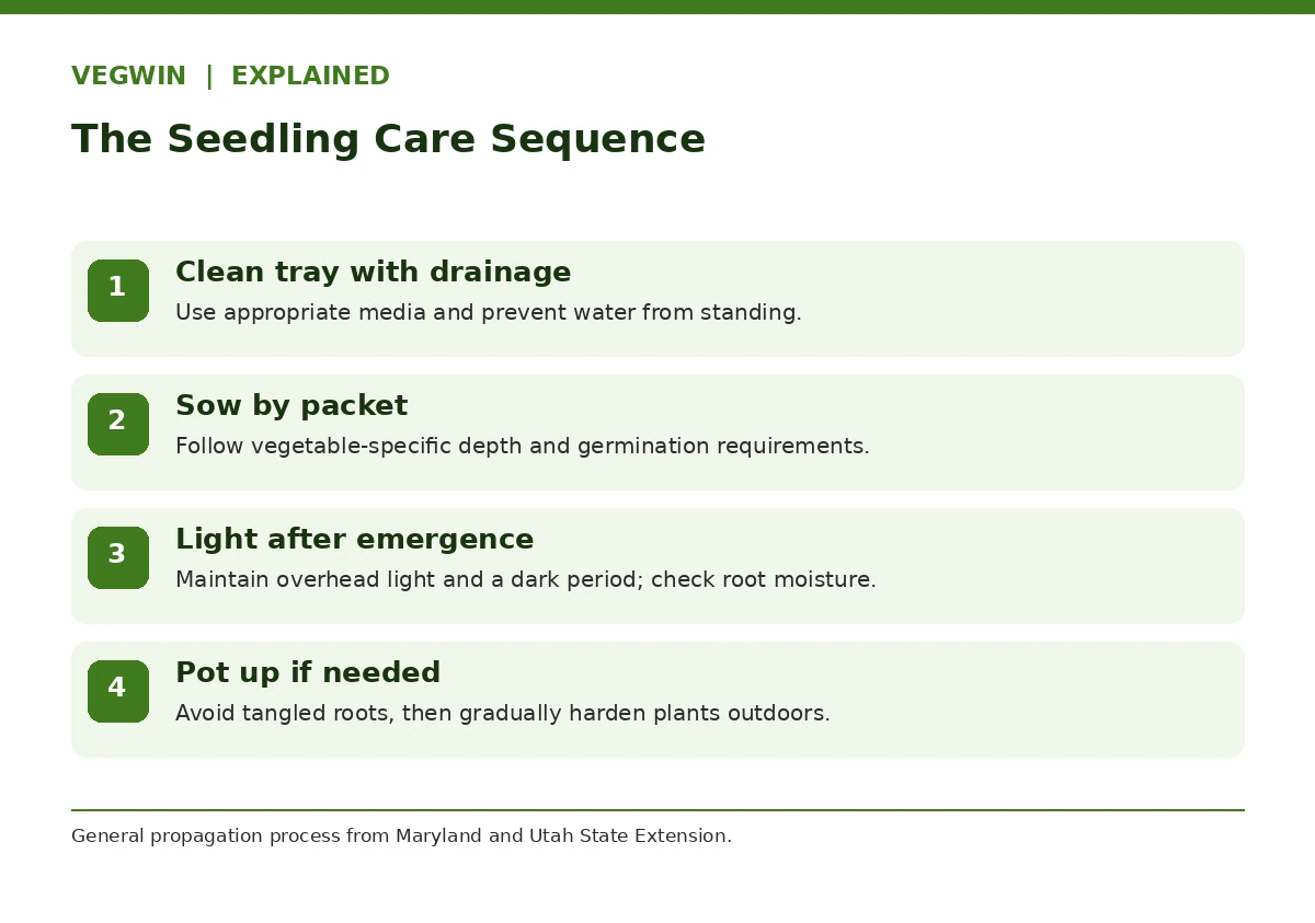 Four-step seed germination and transplant sequence from clean trays to hardening off