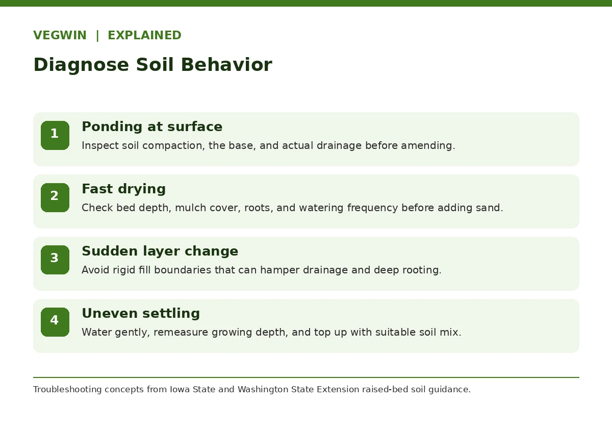 Raised bed soil troubleshooting checklist for standing water, fast drying, layering and settling