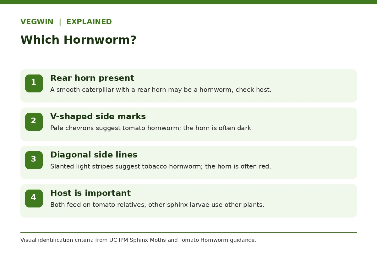 Hornworm field identification chart comparing tomato and tobacco caterpillar side stripes and host plants